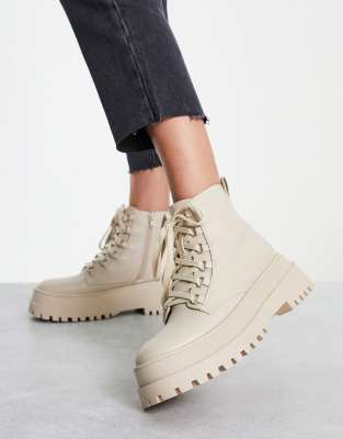 Cream Lace Up Chunky Boots, Footwear