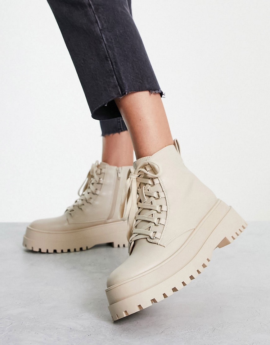 London Rebel chunky lace up ankle boots in cream-White