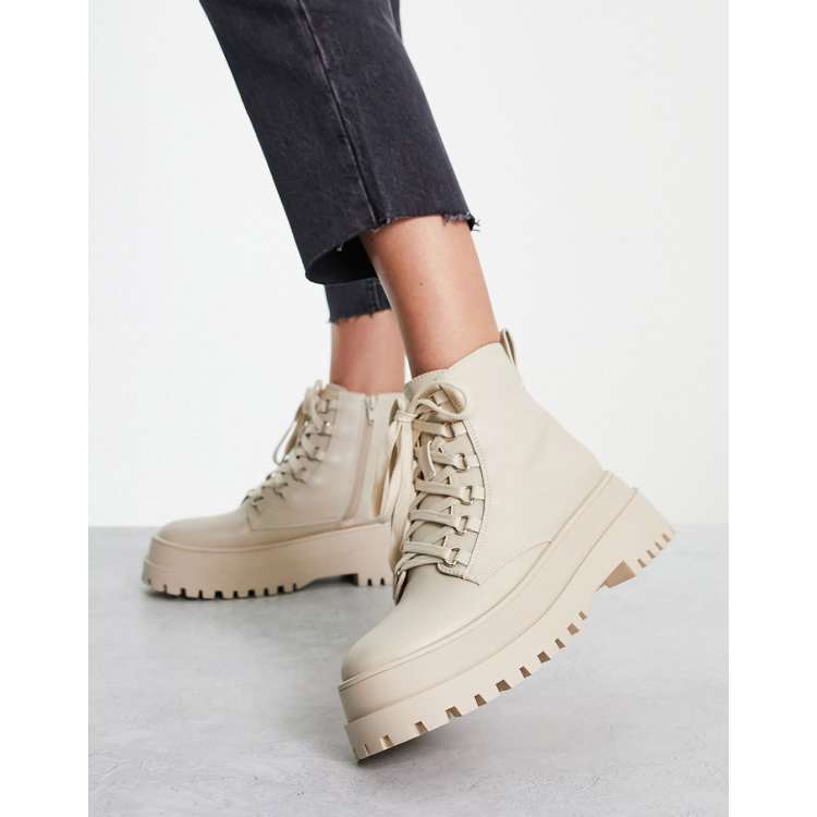 Cream Lace Up Chunky Boots, Footwear