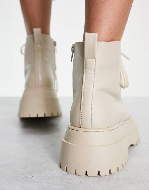 Beige Chunky Lace-Up Ankle Boots: Clarissa