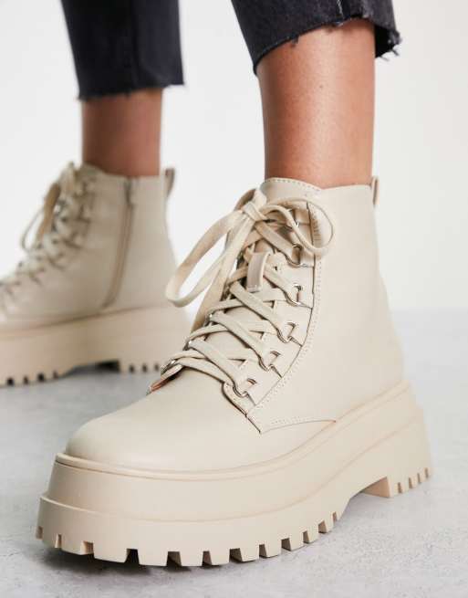 Cream Lace Up Chunky Boots, Footwear