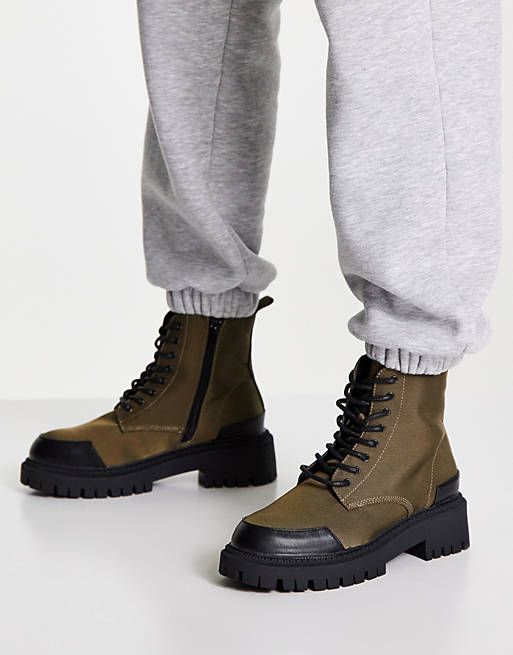 London Rebel chunky lace up ankle boots with toe cap in khaki | ASOS