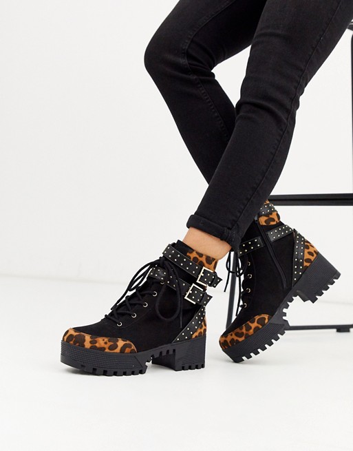 London Rebel chunky lace up hardware boots in leopard mix