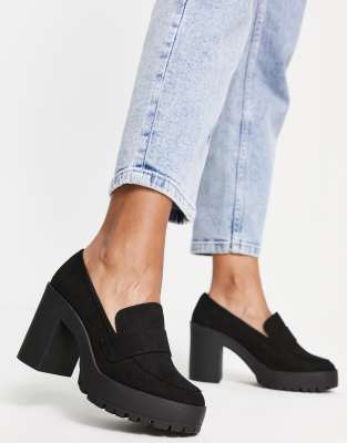 LONDON REBEL CHUNKY LOAFER HEELED SHOES IN BLACK