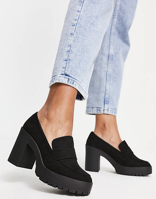 London Rebel chunky loafer heeled shoes in black