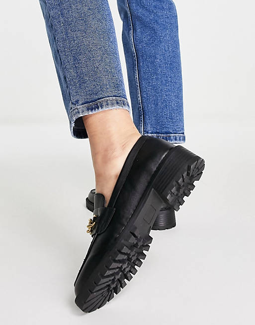 London Rebel chunky loafers with chain in black