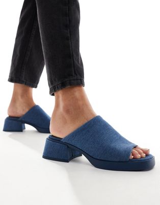  chunky low heeled mules in denim