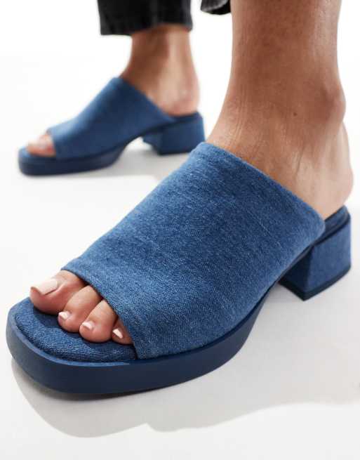 London Rebel chunky low heeled mules in denim, 3 of 4