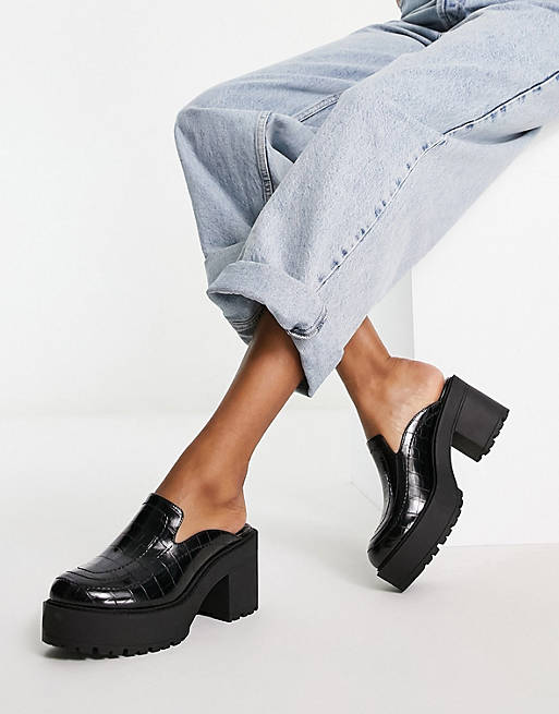London Rebel chunky mule loafer heeled shoes in black croc | ASOS