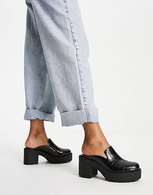 London Rebel chunky mule loafer heeled shoes in black croc | ASOS
