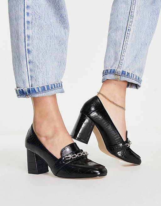 London Rebel chunky platform loafers with gold trim in black croc