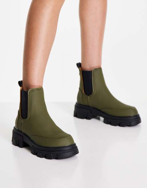 London Rebel chunky pull on chelsea boots in khaki ASOS