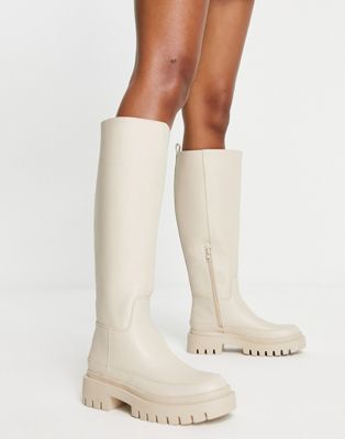 London Rebel chunky pull on knee boots in cream