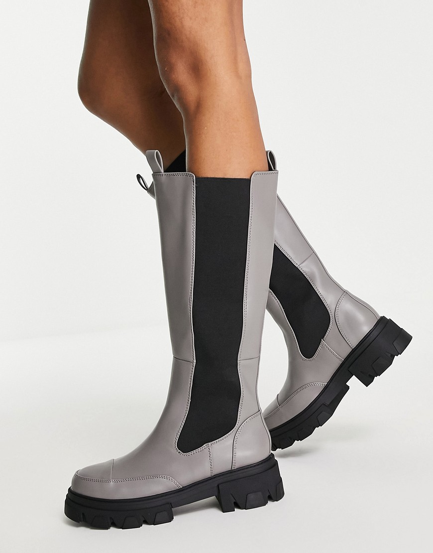 London Rebel chunky pull on knee boots in gray