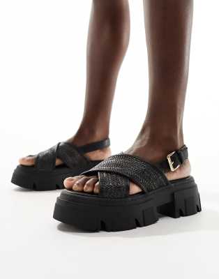 London Rebel Chunky Woven Cross Strap Sandals In Black