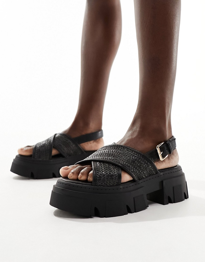 London Rebel chunky woven cross strap sandals in black