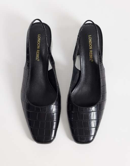London Rebel Clancy slingback sandaler med mellemhøj hæl i sort croco, 2 af 4