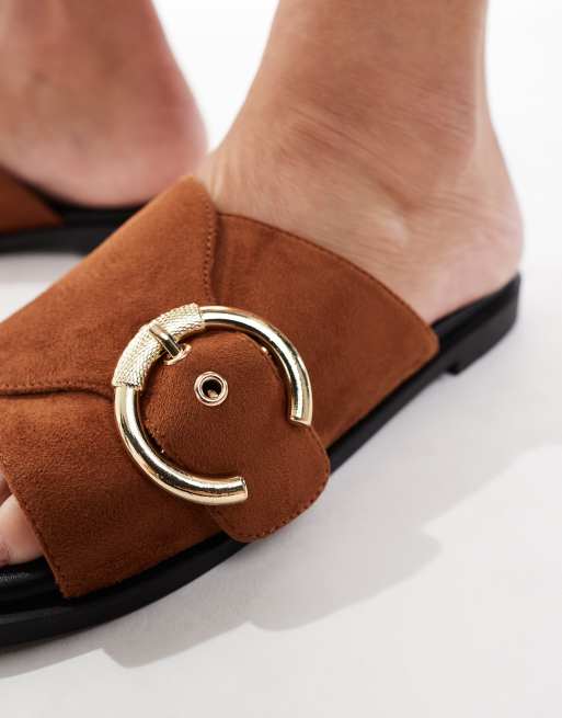 London Rebel cross buckle flat sandals in brown micro, 2 of 4