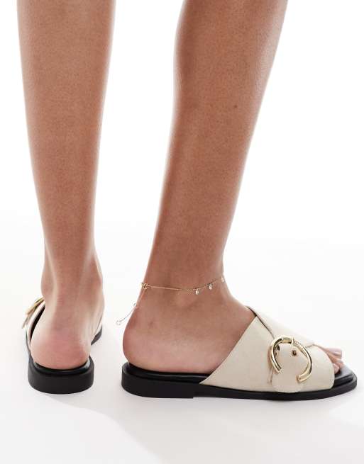 London Rebel cross buckle flat sandals in cream, 2 of 4