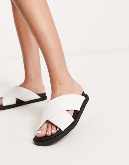 London Rebel cross strap sliders in white ASOS