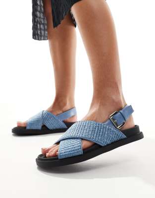 London Rebel Cross Strap Woven Sandals In Blue