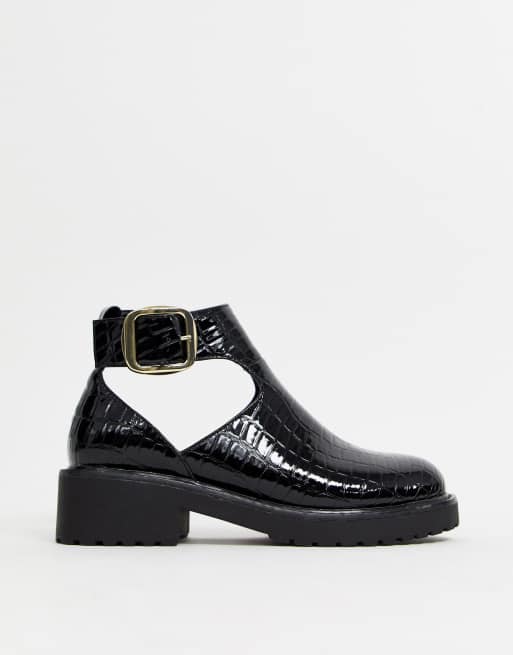 London Rebel cut out flat chunky ankle boots in black croc