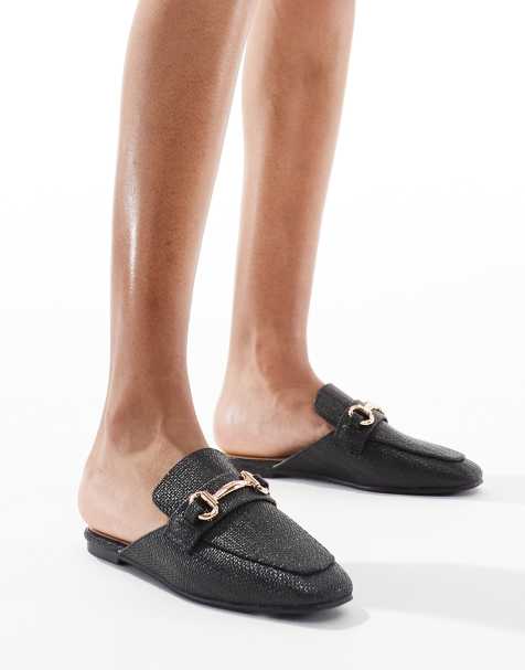 London Rebel – Czarne klapki loafersy z rafii z klamrami - view 1
