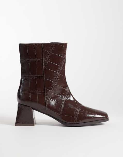 London Rebel Delta mid ankle boots in chocolate croc - view 1