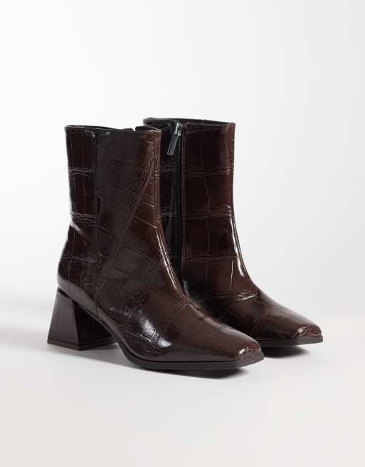 London Rebel Delta mid ankle boots in chocolate croc, 2 of 4