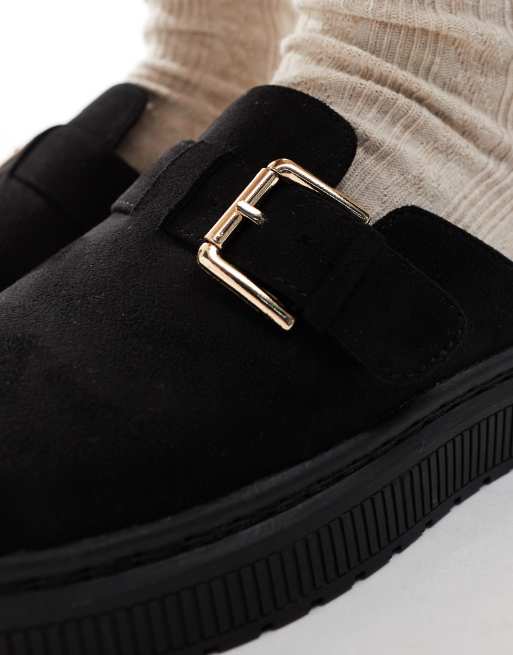 London Rebel Donna wide fit buckle mules in black