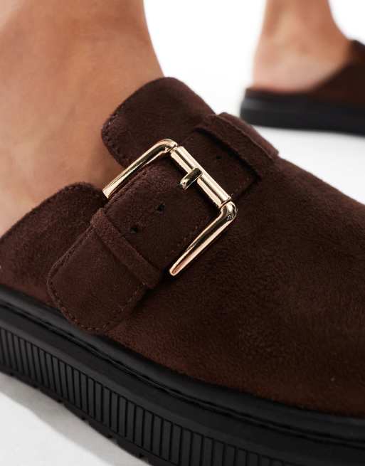 London Rebel Donna wide fit buckle mules in chocolate