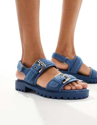 double buckle chunky sandals in denim-Blue