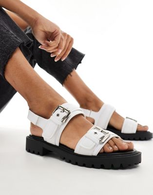 London Rebel Double Buckle Chunky Sandals In White