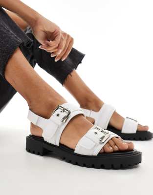 London Rebel double buckle chunky sandals in white