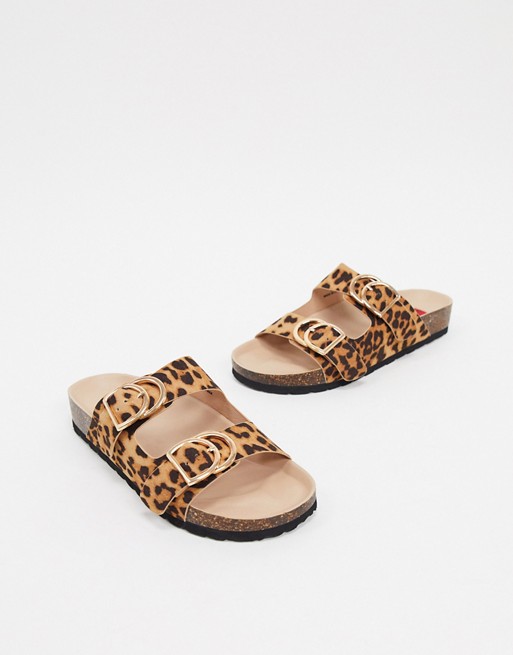 London Rebel double buckle footbed sandal in leopard