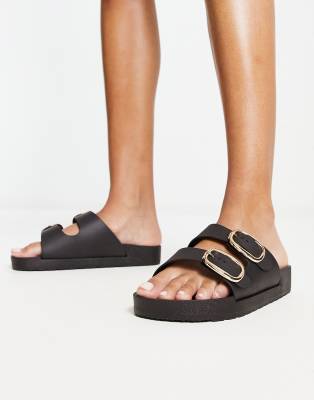 London Rebel Double Buckle Footbed Sandals In Black