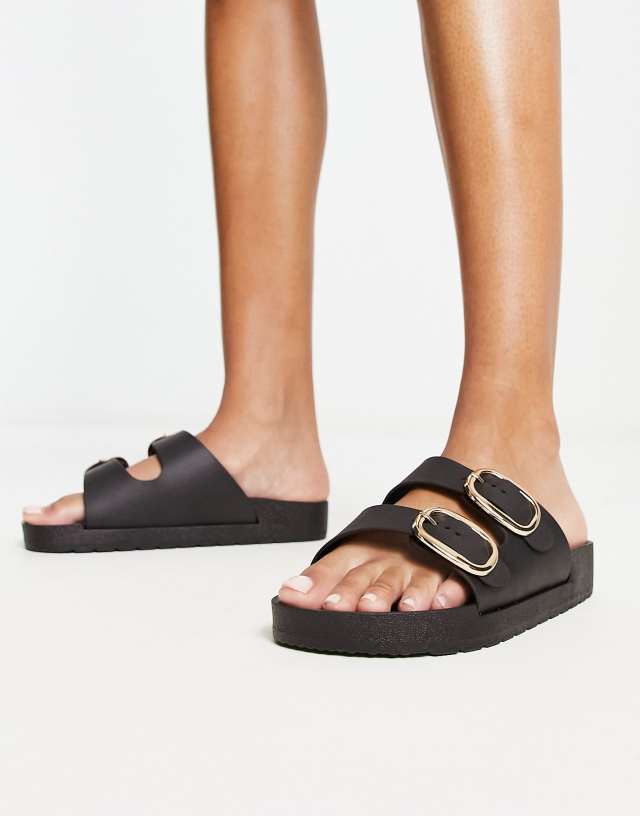 London Rebel double buckle footbed sandals in black