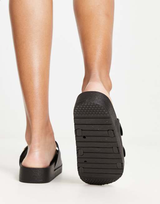 London Rebel double buckle footbed sandals in black, 2 of 4
