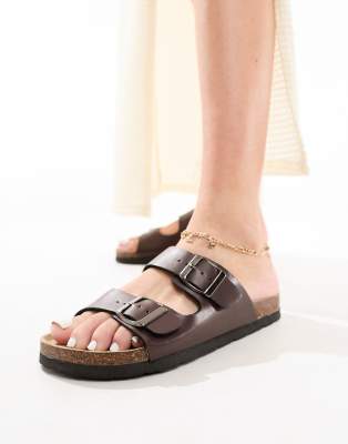 London Rebel Double Buckle Footbed Sandals In Chocolate-brown