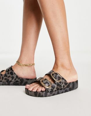 London Rebel double buckle footbed sandals in leopard