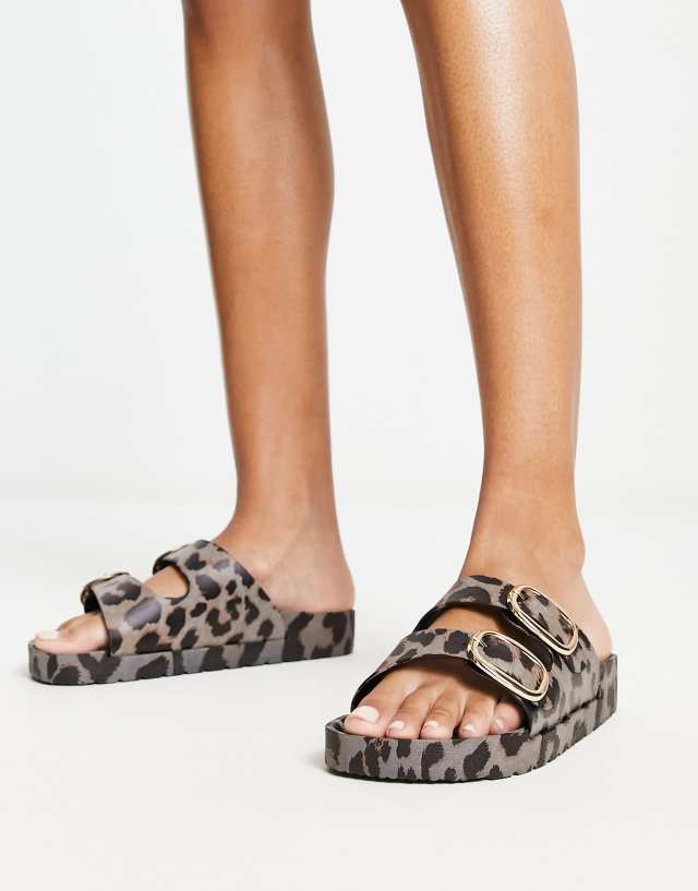 London Rebel double buckle footbed sandals in leopard