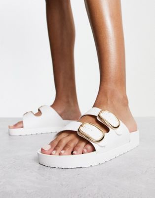 London Rebel double buckle footbed sandals in white