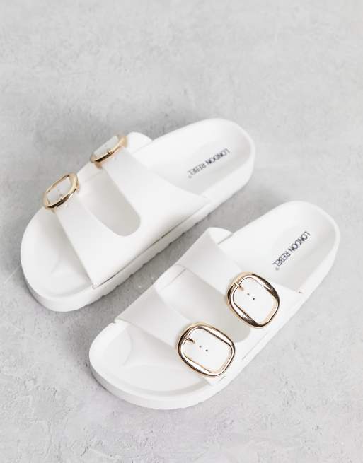 London Rebel double buckle footbed sandals in white