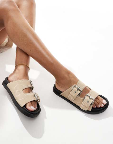 London Rebel double strap buckle detail sandal in taupe - view 1