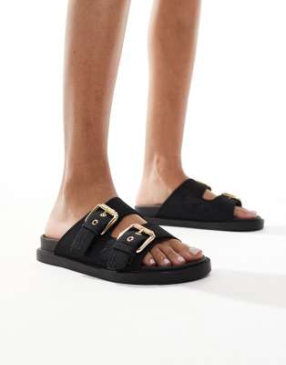 London Rebel Double Strap Buckle Detail Sandals