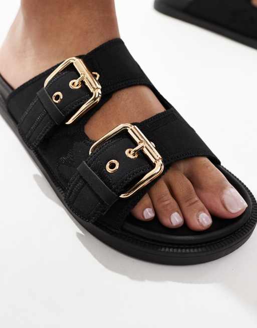 London Rebel double strap buckle detail sandals in black, 3 of 4