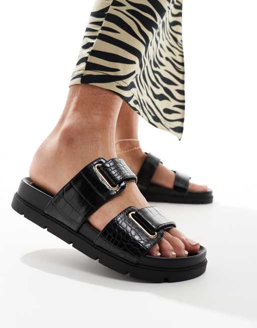 London Rebel double strap footbed sandals in black croc, 4 of 4
