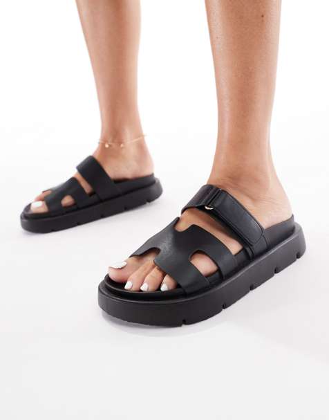 London Rebel double strap sandals in black - view 1