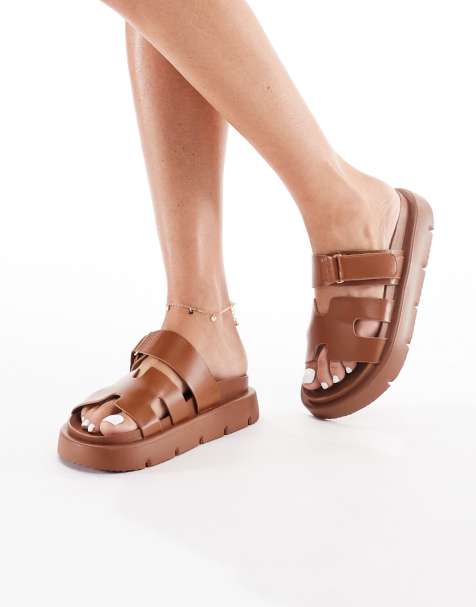 London Rebel double strap sandals in tan - view 1