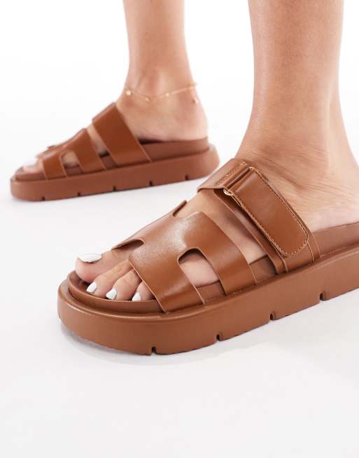 London Rebel double strap sandals in tan, 2 of 4